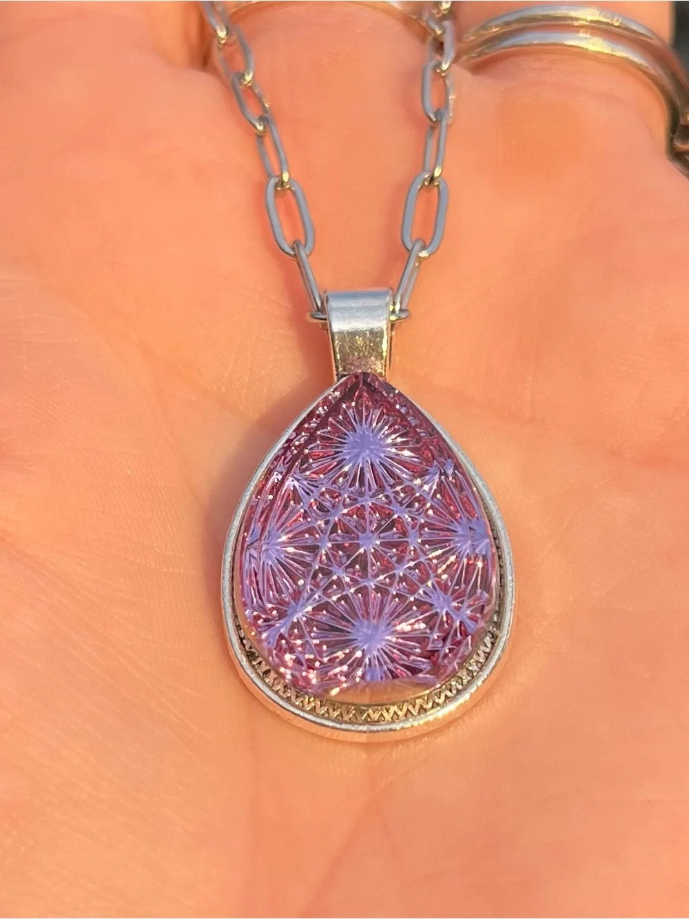 Pressed Glass Spider Web Kaleidoscope Purple teardrop pendant